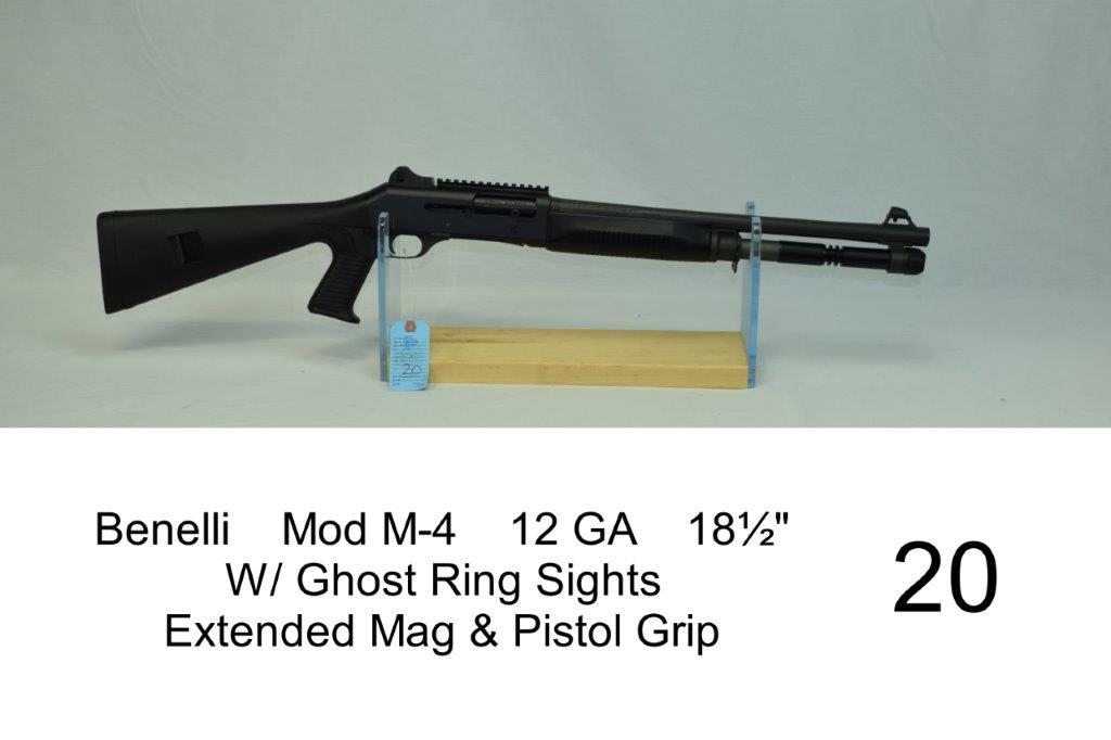 Benelli    Mod M-4    12 GA    18½"    W/ Ghost Ring Sights    Extended Mag & Pistol Grip    SN: Y02
