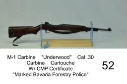 M-1 Carbine    "Underwood"    Cal .30 Carbine    SN: 2574183    Cartouche    W/ CMP Certificate    "