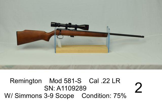 Remington    Mod 581-S    Cal .22 LR    SN: A1109289    W/ Simmons 3-9 Scope    Condition: 75%