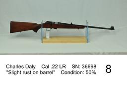 Charles Daly    Cal .22 LR    SN: 36698    "Slight rust on barrel"    Condition: 50%