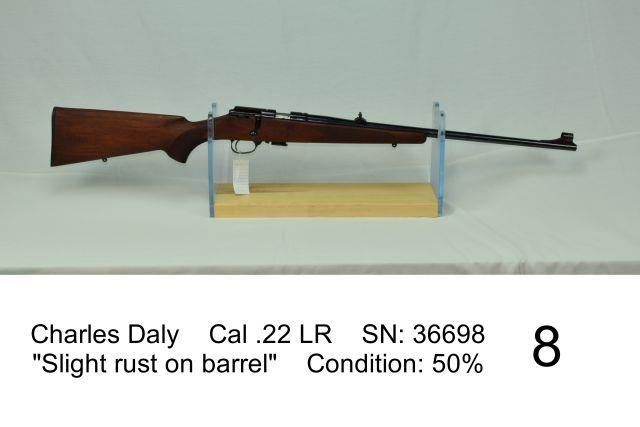 Charles Daly    Cal .22 LR    SN: 36698    "Slight rust on barrel"    Condition: 50%