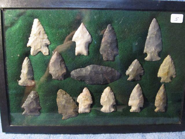 FRAME OF 15 OHIO NATIVE AMERICAN ARTIFACTS LARGEST IS 3"