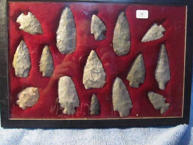 FRAME OF 15 OHIO NATIVE AMERICAN ARTIFACTS LARGEST IS 2 7/8"