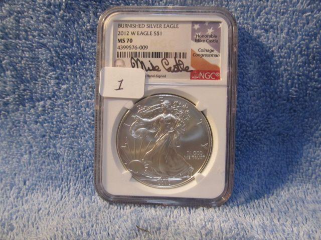 2012W SILVER EAGLE NGC MS70 BURNISHED MIKE CASTLE SIGNATURE