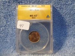 1945S LINCOLN CENT ANACS MS67 RED GREYSHEET LIST $65.