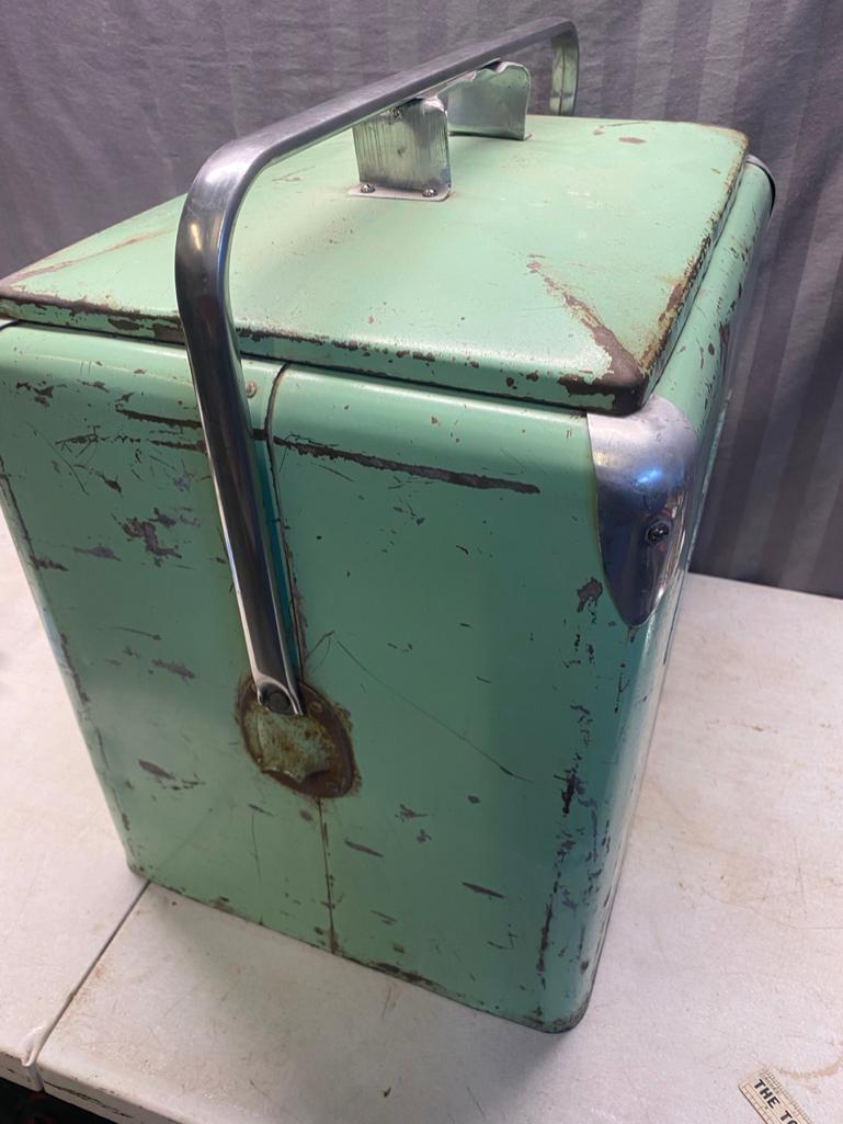 Vintage Mint Green Dr Pepper Fiberglass Insulated Cooler with tray insert