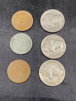 Misc coin lot, 1914, 1943-S, and 1951 Wheat. 1935, 1936 and 1937 Buffalo Nickels
