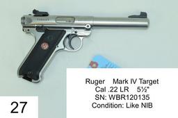 Ruger    Mark IV Target    Cal .22 LR    5½"    SN: WBR120135    Condition: Like NIB