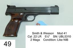 Smith & Wesson    Mod 41     Cal .22 LR    5½"    SN: UBL5310    2 Mags    Condition: Like NIB