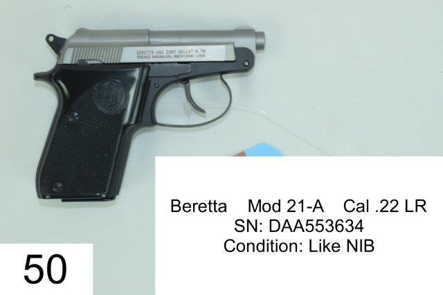 Beretta    Mod 21-A    Cal .22 LR    SN: DAA553634    Condition: Like NIB