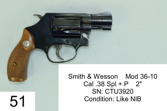 Smith & Wesson    Mod 36-10    Cal .38 Spl + P    2"    SN: CTU3920    Condition: Like NIB