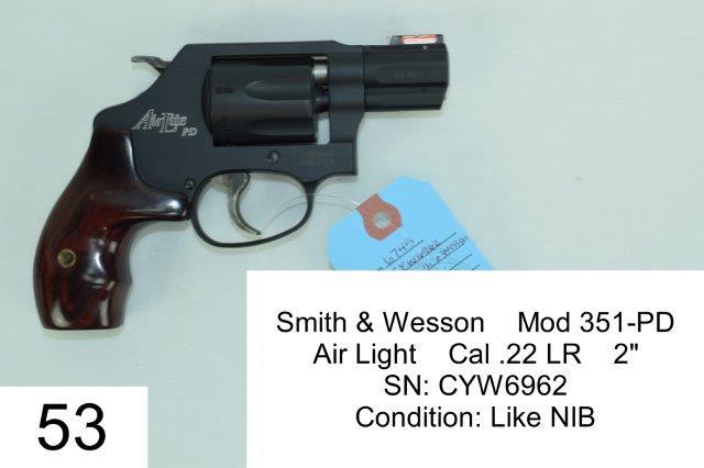 Smith & Wesson    Mod 351-PD    Air Light    Cal .22 LR    2"    SN: CYW6962    Condition: Like NIB