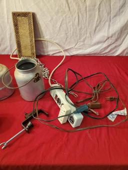 10 lb weight, candle holders, power strip, cords, and vintage metal containers