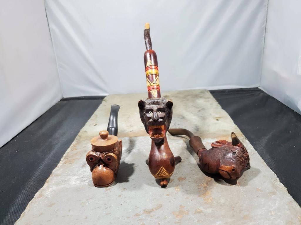 3 Pipes, Wood monkey with hat lid Italy Nally F Frann imported briar, Wood carved wolf no markings,