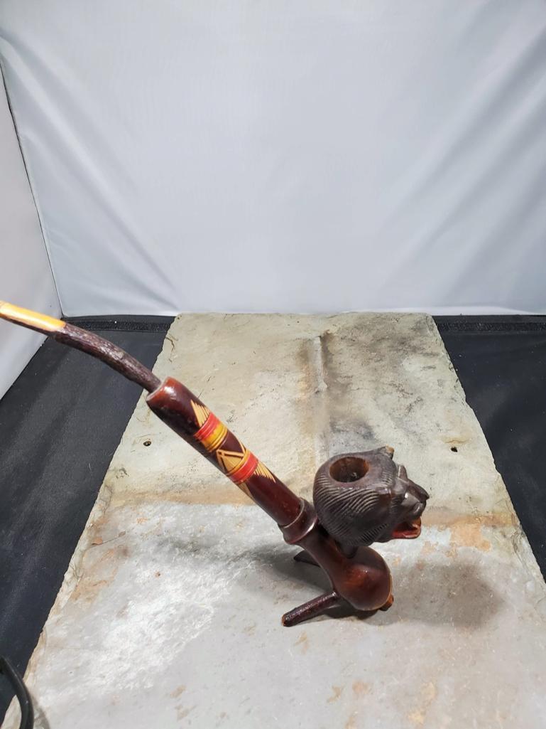 3 Pipes, Wood monkey with hat lid Italy Nally F Frann imported briar, Wood carved wolf no markings,