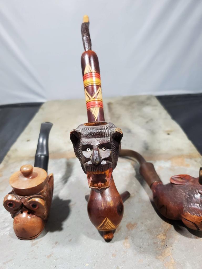 3 Pipes, Wood monkey with hat lid Italy Nally F Frann imported briar, Wood carved wolf no markings,