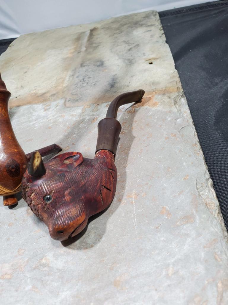 3 Pipes, Wood monkey with hat lid Italy Nally F Frann imported briar, Wood carved wolf no markings,