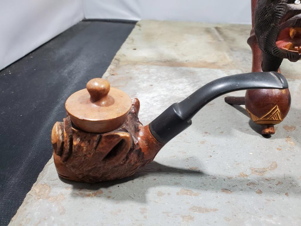 3 Pipes, Wood monkey with hat lid Italy Nally F Frann imported briar, Wood carved wolf no markings,