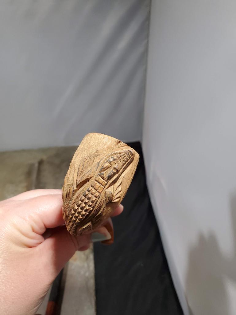 4 pipes, Wood carved man pumpkin colored stem no markings, Wood carved man bench made imported