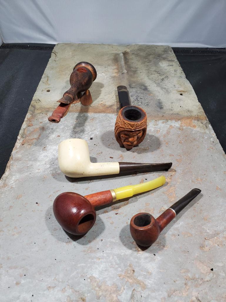 5 pipes, Wood duck no markings, Wood with yellow stem no markings, Small wood pipe Imported Briar,