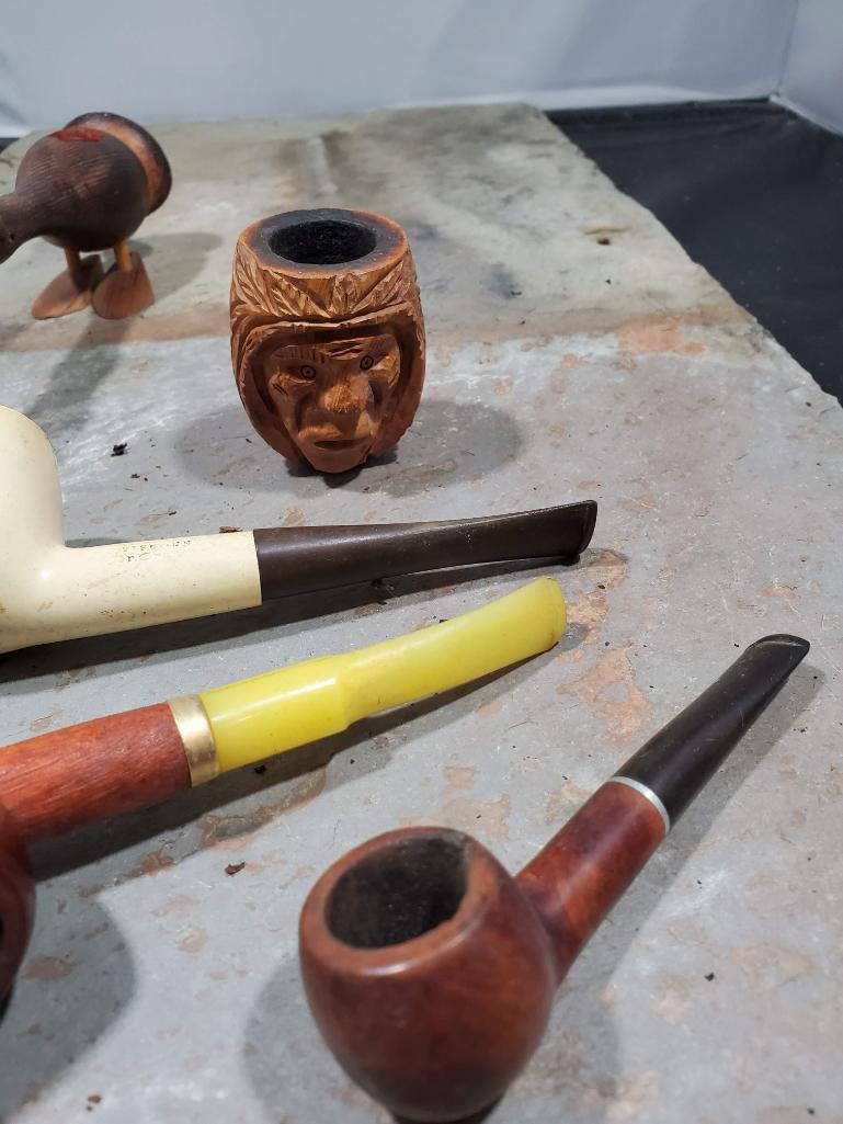 5 pipes, Wood duck no markings, Wood with yellow stem no markings, Small wood pipe Imported Briar,