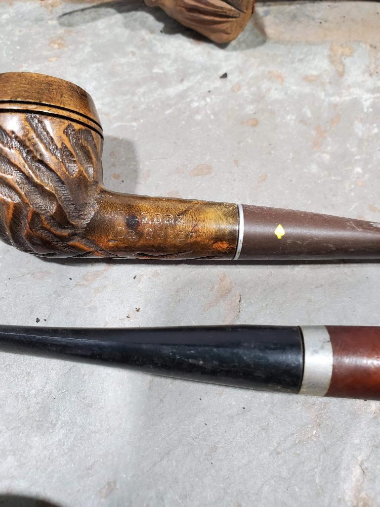 5 pipes, Wood carved Royal Lancer imported Briar, Tree branch carved face no markings, Wood carved