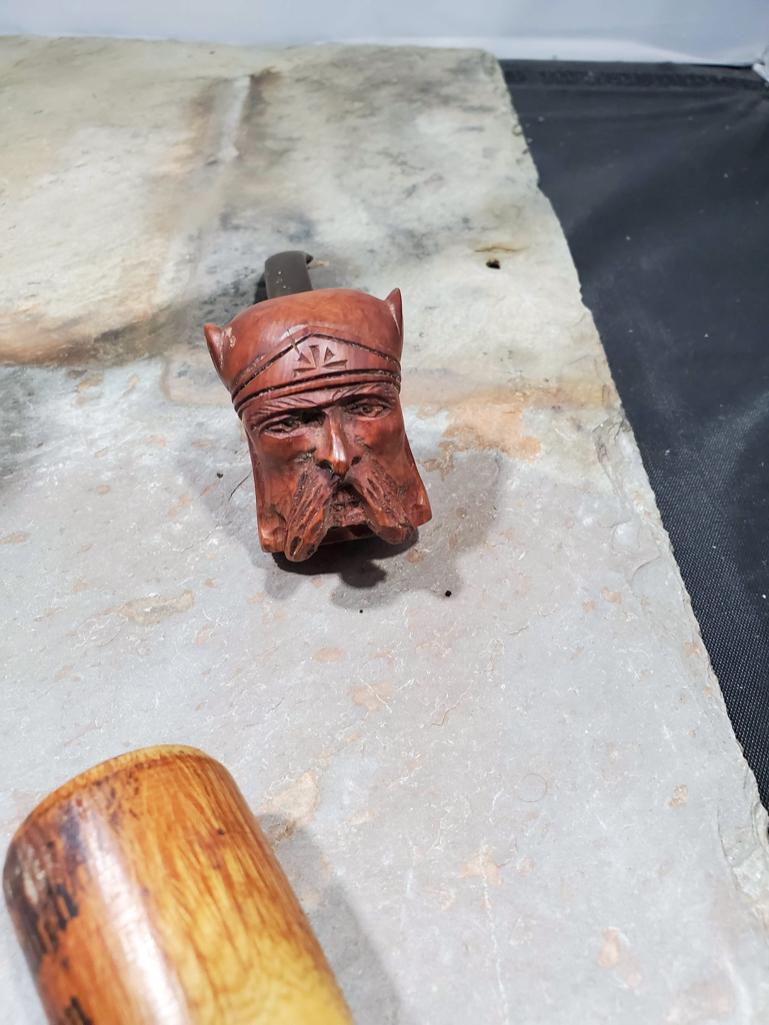 3 pipes, Wood carved face St Claude France 60 Butz-Choquir, Wood carved two faces flower on stem,