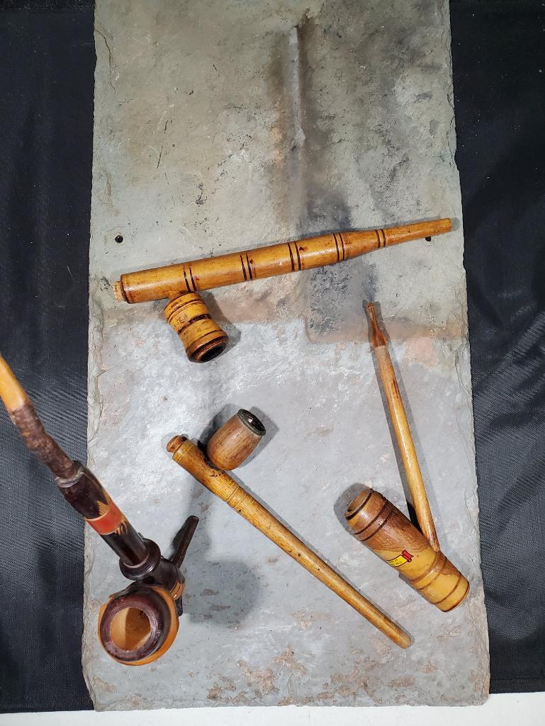 4 pipes, Two face wood carved pipe, wood pipe no markings, Souvenir of Holland Mich. wood pipe,