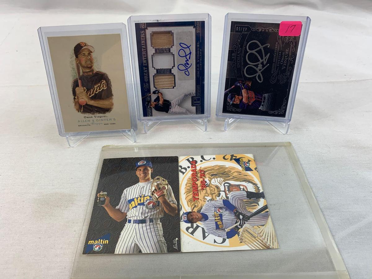 Omar Vizquel lot of 4 signed & game-used bat cards, plus 2 other cards