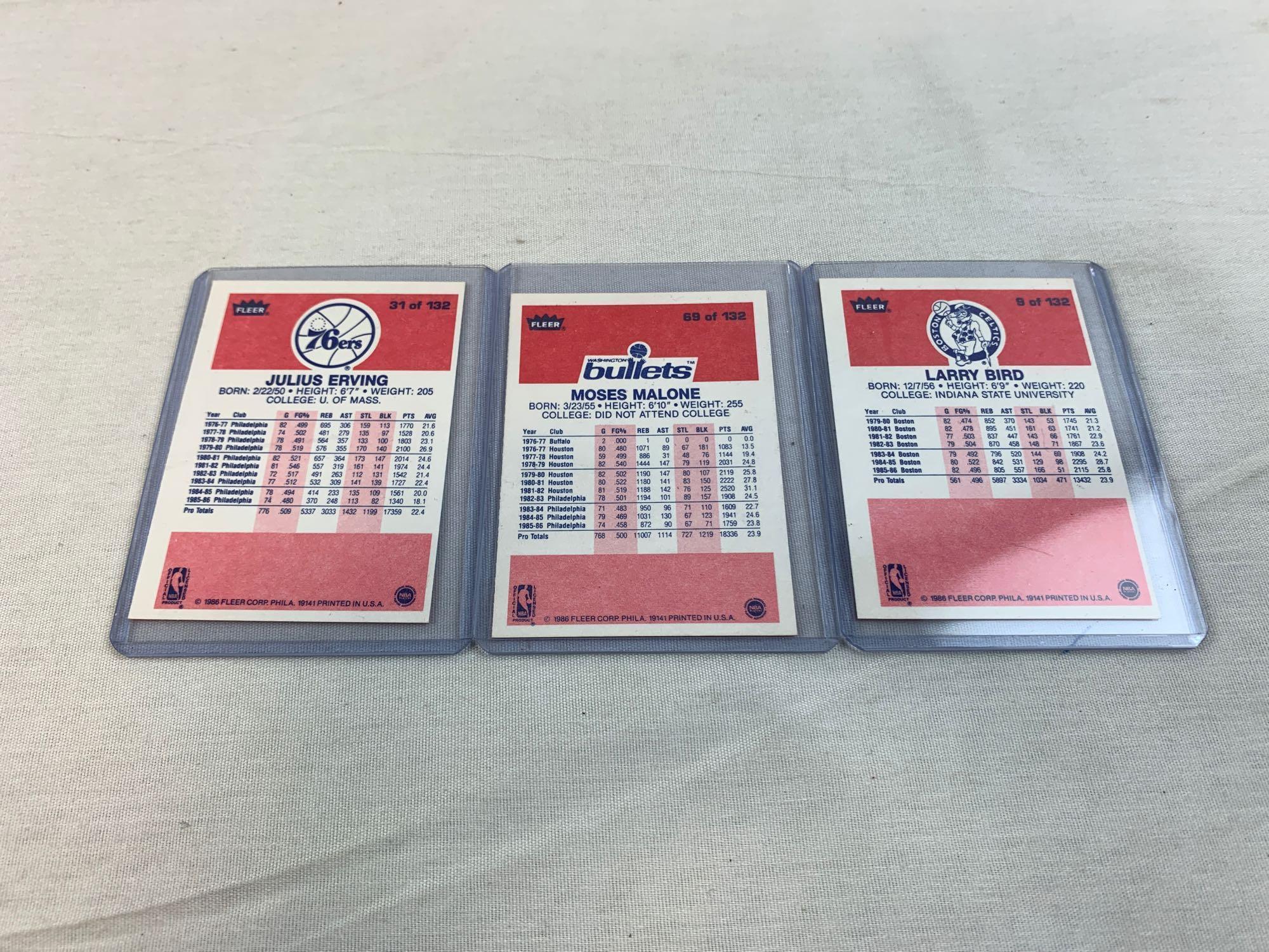 1986 Fleer basketball star lot: Larry Bird, Julius Erving, M Malone