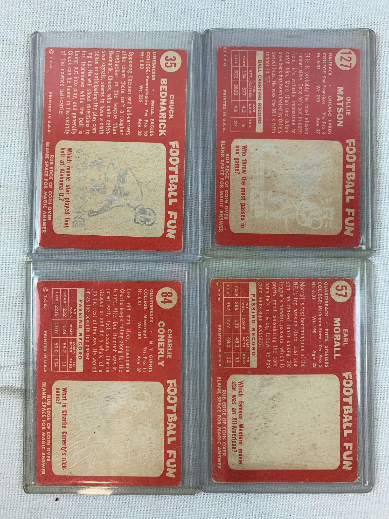 Four 1958 Topps Football cards - Matson, Bednarik, Morrall & Conerly
