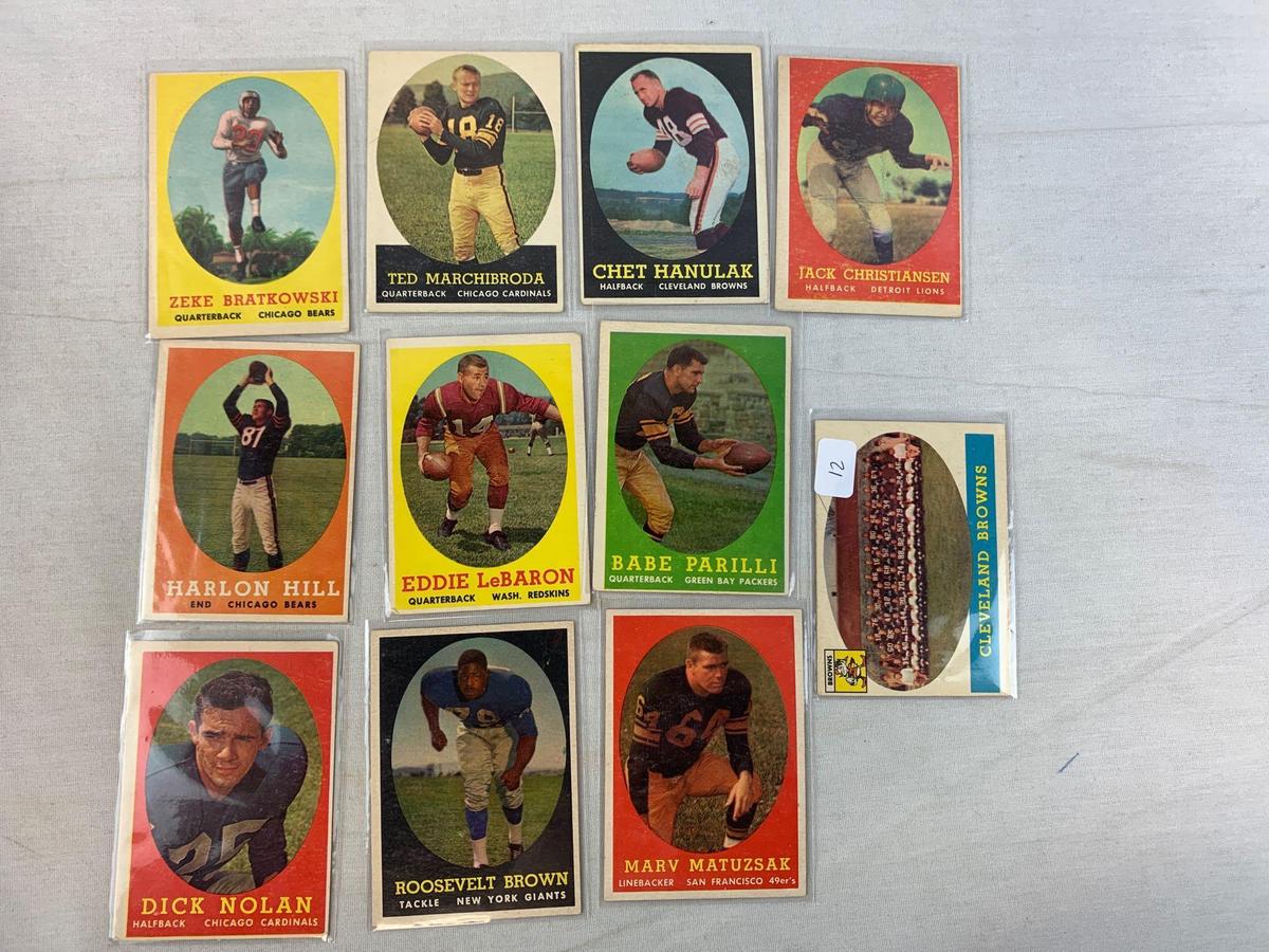 Eleven 1958 Topps Football cards - Cleveland Browns Team Card, Nolan, Parilli, LeBaron, Brown, Hill,