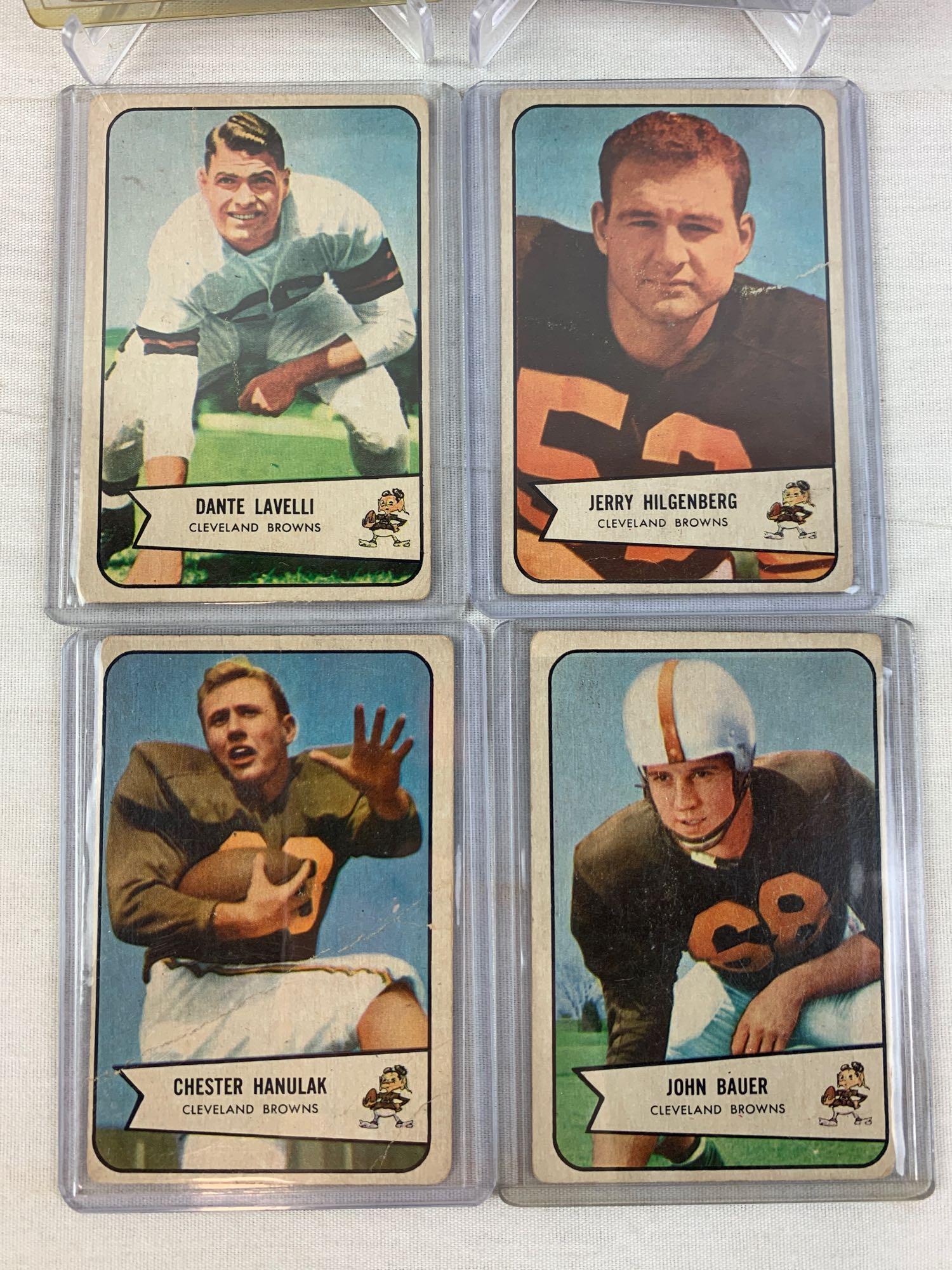 Six 1954 Bowman Cleveland Brown Player cards - Garrett (2), Bauer, Hanulak, Hilgenberg, Lavelli