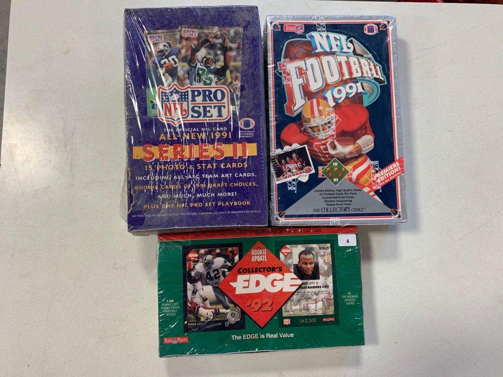 3-1990's Football Wax Boxes- Collectors Edge, 1991 Upper Deck, 1991 Pro Set