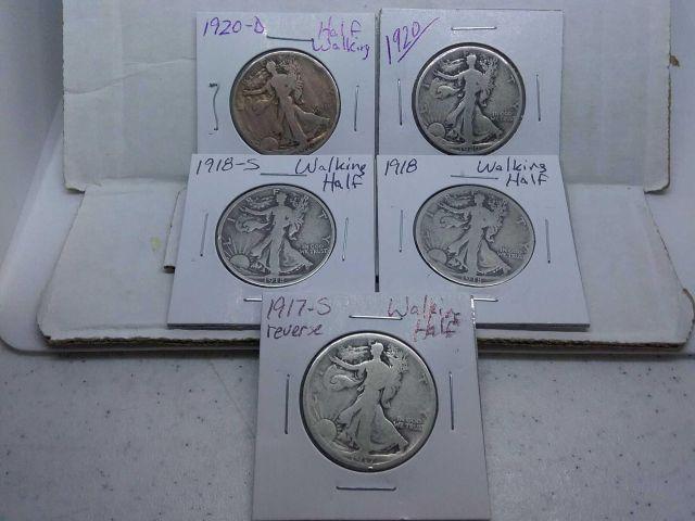 1917S REV.,18,18S,20,20D, WALKING LIBERTY HALVES (5-COINS) G-F