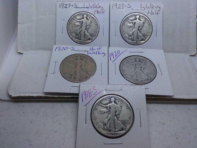 1918S,20,20S,23S,27S, WALKING LIBERTY HALVES (5-COINS) G-F
