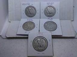 1918S,20,20S,23S,27S, WALKING LIBERTY HALVES (5-COINS) G-F