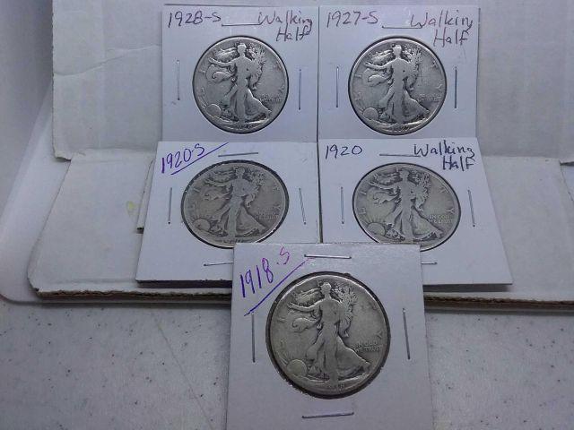 1918S,20,20S,27S,28S, WALKING LIBERTY HALVES (5-COINS) G-VG