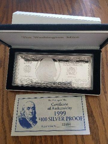 1999 PROOF $100. 4-OZ. .999 SILVER NOTE IN HOLDER