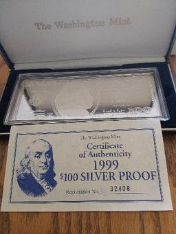 1999 PROOF $100. 4-OZ. .999 SILVER NOTE IN HOLDER