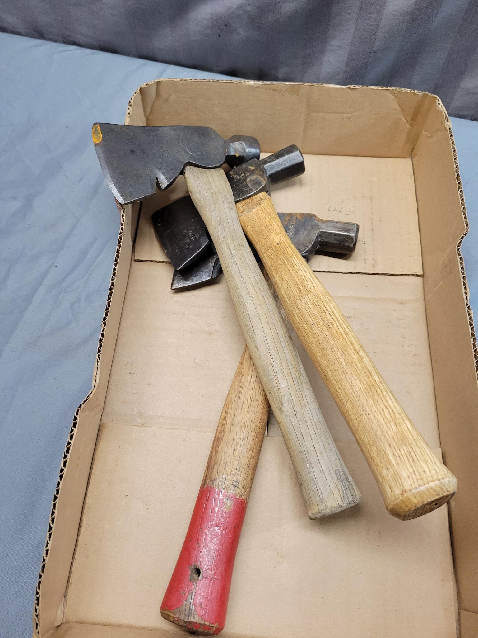 3 Hammer Hatchets, one Kelly Axe, one True Temper, and one unmarked that has been repaired
