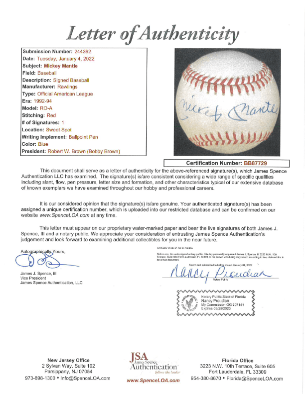 Mickey Mantle Autographed Baseball JSA