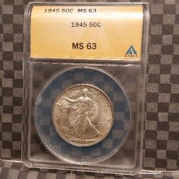 1945 WALKING LIBERTY HALF ANACS MS63