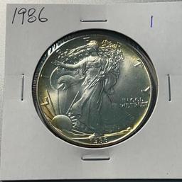 1986 US Silver Eagle .999 Fine Silver coin, UNC, some toning, KEY DATE