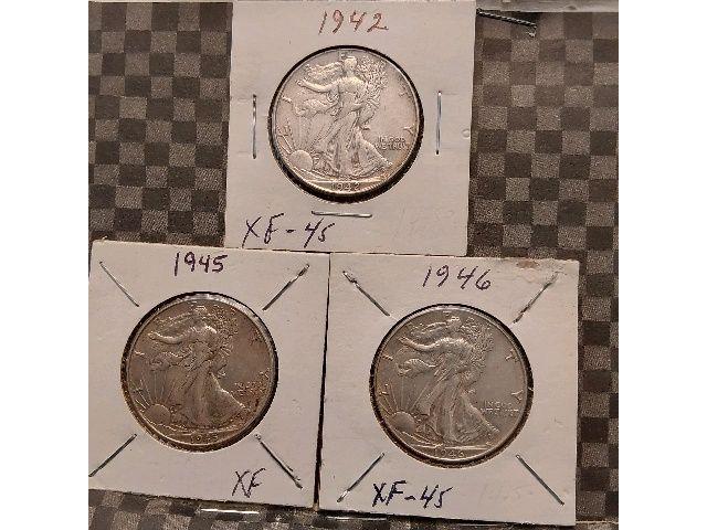 1942,45,46 WALKING LIBERTY HALVES XF+