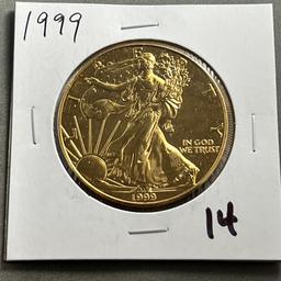 Gold Plated 1999 US Silver Eagle, .999 fine silver, UNC