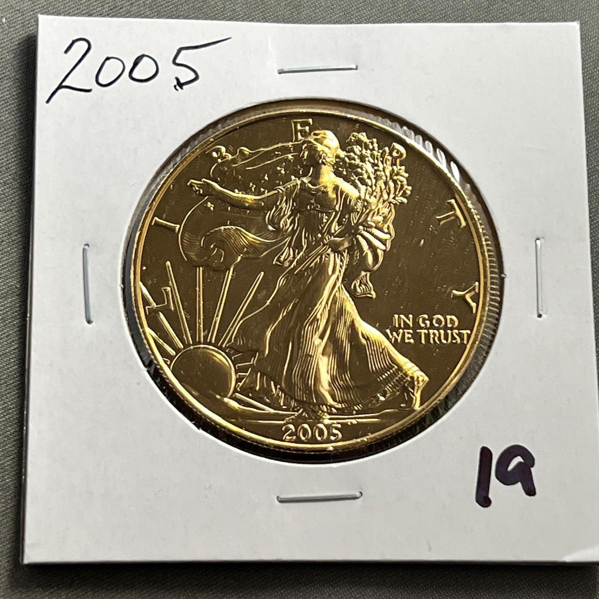 Gold Plated 2005 US Silver Eagle, .999 fine silver, UNC GEM