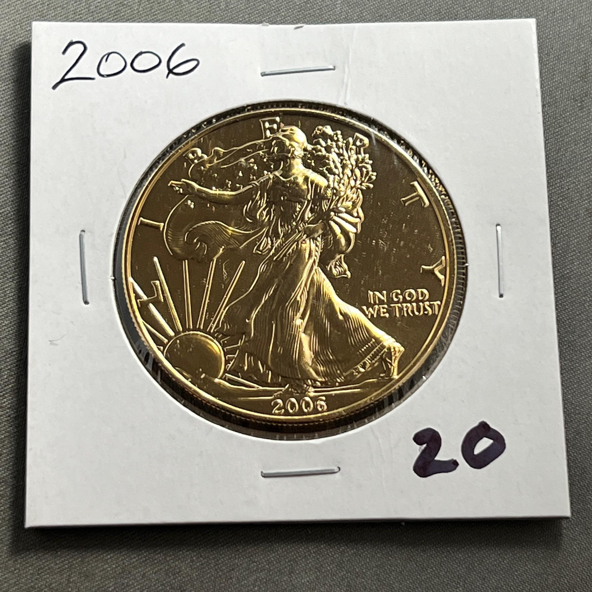 Gold Plated 2006 US Silver Eagle, .999 fine silver, UNC