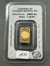 Sunshine Minting One GRAM .9999 Fine Gold bar in plastic holder