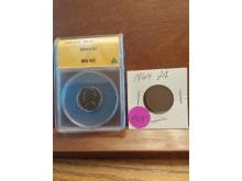 1864 2-CENT PIECE AND 1954S JEFFERSON NICKEL ANACS MS65